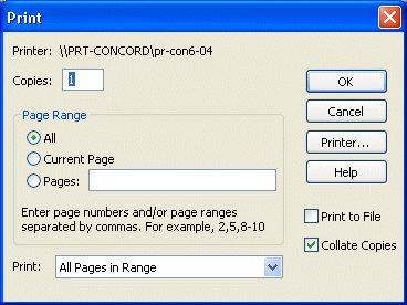 Shown is the Print dialog box with the default setting for Printer name, Copies set to 1, Page Range set to All, and Print All Pages in Range.