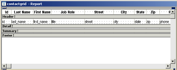 Shown is the Report painter with the contact grid report open. The Header band displays the headers I D, Last Name, First Name, Job Role, Street, City, State, and Zip. The Detail band displays the columns i d last _ name, first _ name, title, street, city, state, and zip, and partially visible is phone.