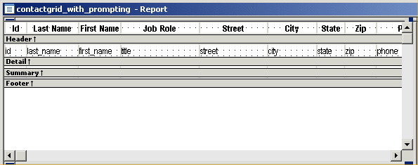 Shown is the Report painter displaying the report named contact grid _ with _ prompting report. The Header band displays the headers I D, Last Name, First Name, Job Role, Street, City, State, and Zip. The Detail band displays the columns i d, last _ name, first _ name, title, street, city, state, and zip, and partially visible is phone.