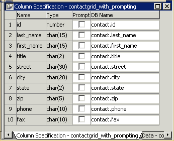 Shown is the Column Specifications view listing all the columns in the report. The headings for the information about the columns are labeled Name, Type, Prompt, and D B Name. Prompt heads a column of check boxes. Each row displays data for one table column and the columns are sorted by column number.  
