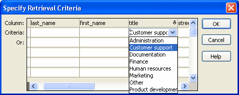 Shown is the Specify Retrieval Criteria dialog box with a drop down list box open in the Criteria row under the title column. Of the criteria listed, Customer support is highlighted. 
