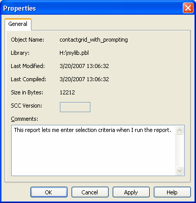 Shown is the General tab page of the Properties dialog box displaying properties for the object named contact grid _ with _ prompting. At bottom is a Comments box with the text, "This report lets me enter selection criteria when I run the report."