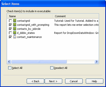 Shown is the Select Item dialog box with columns for Name and Comment. The Name column displays five items with check boxes. Selected are the check boxes next to contact grid _ with _ prompting, contacts _ by _ job role, and contact _ maintenance.
