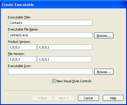 Shown is the Create Executable dialog box with text boxes for Executable Title and File Name, Product and File Versions, and the Executable Icon. The File Name text box shows the entry Contacts and the Executable File Name box shows the entry contacts dot exe.