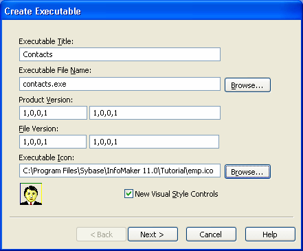 Shown is the Create Executable dialog box with text boxes for Executable Title and File Name, Product and File Versions, and the Executable Icon. The File Name  box entry is Contacts, the Executable File Name box shows the entry contacts dot exe, and the Executable Icon box shows the path to emp dot i c o.