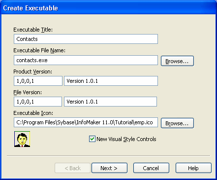 Shown is the Create Executable dialog box with text boxes for Executable Title and File Name, Product and File Versions, and the Executable Icon. The Product and File Version boxes on the left show the entry 1 comma 0 comma 0 comma 1. The Product and File Version boxes on the right show the entry Version 1 dot 0 dot 1.