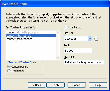 Shown is the  Executable Items dialog box. At left is a scrollable display titled Set Tool bar Properties for:. It lists contact grid _ with _ prompting, contacts _ by _ job role, which is highlighted, and contact _ maintenance. At right is a cleared check box labeled Hide Report, then a Picture drop down set to Cascade!, a text box labeled  Text with the entry By job, and a Micro Help text box with the partially visible entry "all contacts grouped by job role."