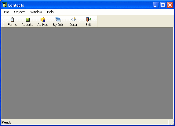 Shown is the main window of the Contacts Application, with the application name Contacts at top left, followed by menu and tool bars below, and a large blank display area.