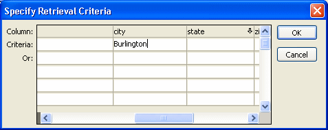 Shown is the Specify Retrieval Criteria dialog box. It is a grid with a row of Column names across the top and two more rows labeled Criteria and Or. Under the column named city, the Criteria cell shows the entry Burlington.