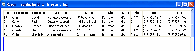 Shown is the report named contact grid _ with _ prompting. It has columns for I d, Last Name, First Name, Job Role, Address, Phone, and Fax. All the entries for Last Name start with the letter c, and all the entries for City are Burlington.