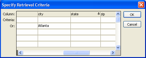 Shown is the Specify Retrieval Criteria dialog box. It is a grid with a row of Column names across the top and two more rows labeled Criteria and Or. Under the column named city, the Or cell shows the entry Atlanta.