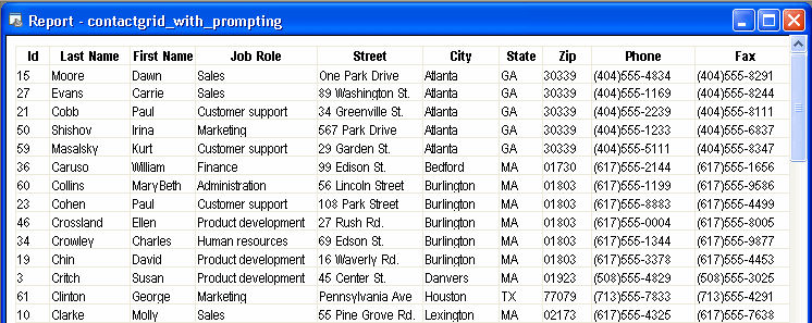 Shown is the report named contact grid _ with _ prompting. First are listed all the entries with an address in the City of Atlanta. Next are listed all entries with a Last Name starting with the letter c.