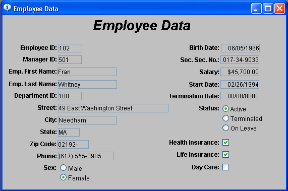 The sample shows an Employee Data form with text boxes for items such as Employee I D and Manager I D, radio buttons for items such as Status, whether Active, Terminated, or On Leave, and check boxes for items such as Health Insurance, Life Insurance, and Day Care.