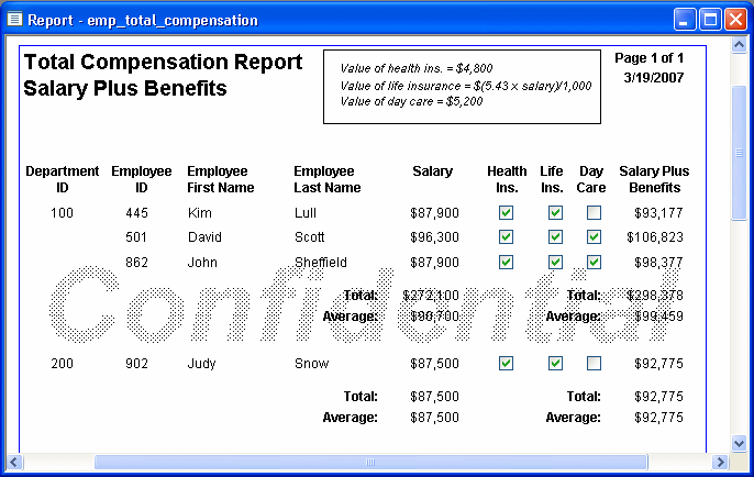 The sample is titled Total Compensation Report Salary Plus Benefits. It has a column corresponding to each field in the sample form of the previous illustration, such as a text columns each for department and employee ID and check boxes for Health and Life Insurance. There is one row of data for each employee. The last column displays each employee’s Salary Plus Benefits.