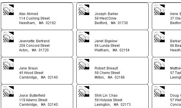 Shown are rows and columns of mailing labels. Each has an icon at upper left, a name line, and two lines of address information.