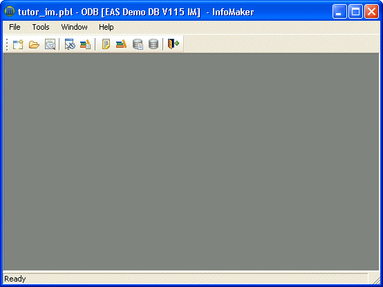 Shown is the initial Info Maker screen with menu options for File, Tools, Window, and Help, and then the PowerBar across the top with buttons for creating new objects and accessing existing objects.