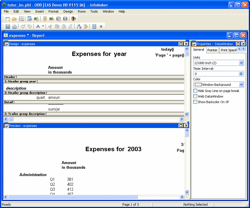 Shown is the report painter layout with the tabbed view  and Export / Import XML Template view closed.