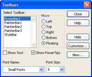 Shown is the Tool bars dialog box. At top left is a scrollable display titled Select Toolbar. Within it, Power Bar 1 is highlighted.