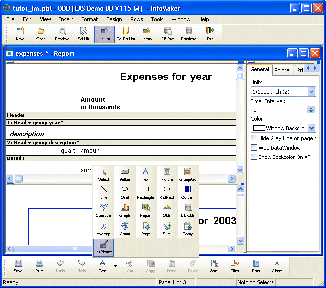 Shown is the Info Maker screen with an arrow at the bottom of the screen pointing to the space on the Painter Bar next to the text button. The Objects toolbar is expanded above the arrow and has labeled buttons for Select, Line, Oval, Rectangle, and so on.