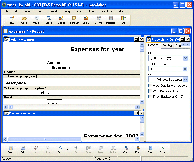 Shown is the Info Maker screen with a view at top left with the title bar Design, a view at bottom left with the title bar Preview, and a view at right with the title bar Properties. Each title bar shows a push pin icon on its left.