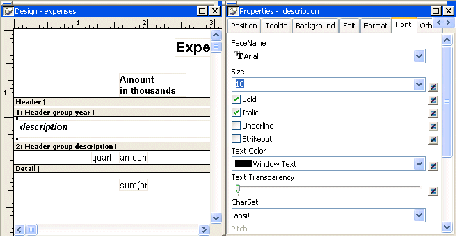 Shown is the Properties view with information for the data column called description. At top left are a header 1 band showing header group year and a header two band showing the header group description. At right is the Font tab of the Properties view showing the font properties for the description column, such as Face name and Size.