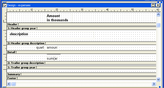 Shown is the Report painter Design view with rectangular edges around the controls, a grid of dots behind them, and rulers along the left and top edges. 