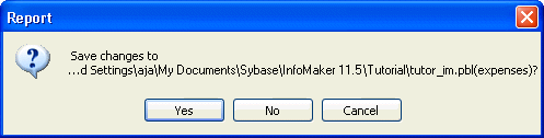 Shown is a message box titled Report. It has a question mark icon at top left and the text "Save changes to" followed by the path of the library tutor _ i m dot pibble ( expenses ).