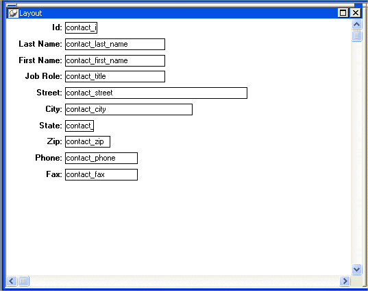 Shown is a form with a series of labeled text fields for items such as ID, Last Name, First Name, and Job Role. Within the fields, the names of the database columns such as contact _ last _ name are displayed where the actual data will appear. 