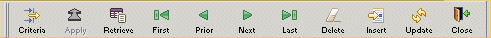 Shown is the Painter Bar with buttons labeled Criteria, Apply, Retrieve, First, Prior, Next, Last, Delete, Insert, Update, and Close.