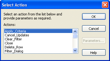 Shown is the Select Action dialog box with a scrollable list of the actions you can assign to the button, such as Apply _ Critera, Cancel _ Updates, and Clear _ Filter.