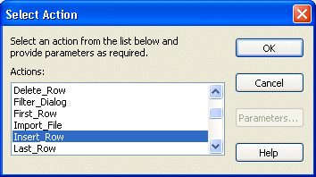 Shown is the Select Action dialog box with a scrollable list of the actions you can assign to the button. The Insert _ Row action is highlighted.