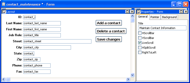 Shown at left is the Layout view for the contact _ maintenance form, with labeled fields for ID, Last Name, First Name, and so on. At right is the General tab page of the Properties view with a drop down labeled Color and a Title field with the circled text " Maintain Contact Information. "