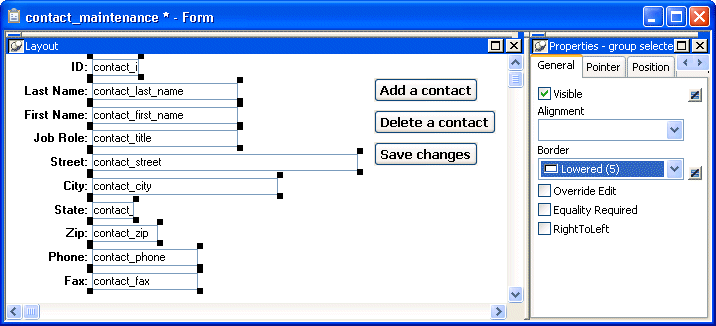 Shown is the contact _ maintenance form. At right is the General tab page of the Properties view with a Border drop-down list offering choices such as No Border, Shadow Box ( 1 ) , and Box ( 2 ). The value Lowered ( 5 ) is selected.