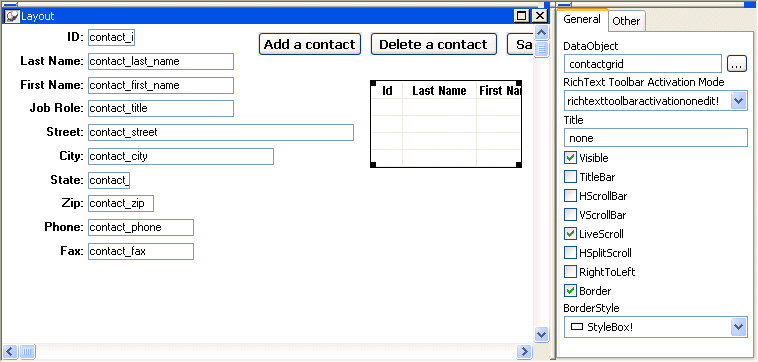 Shown are the Layout and Properties views for the contact _ maintenance form. Part of the contact grid report displays on the right side of the form in the layout view. It has columns labeled ID and Last Name. On the far right of the screen, in the Properties view, the report name contact grid displays in the Data Object field at the top of the General tab page.