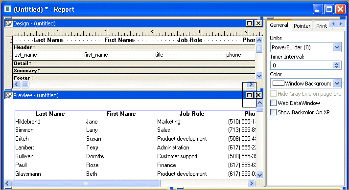 Shown is the Report painter screen. At top are Header and Detail bands showing the selections for the report and then a Preview view showing columns of data titled Last Name, First Name, and Job Role. Circled at top right of the Preview view is a maximize button showing an icon of a  rectangle.