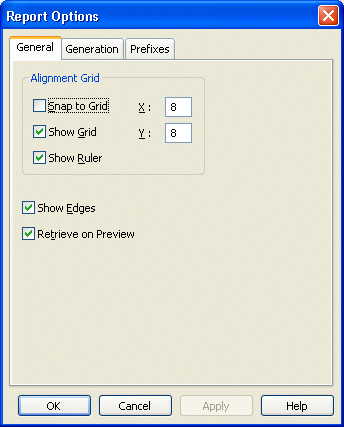 Shown is the General tab page of the Report Options property sheet. At top is a group box labeled Alignment Grid. It has a cleared check box for Sanp to Grid, selected check boxes for Show Grid and Show Ruler, and X and Y boxes with the value 8. Below the group box are selected check boxes for Show Edges and Retrieve on Preview.