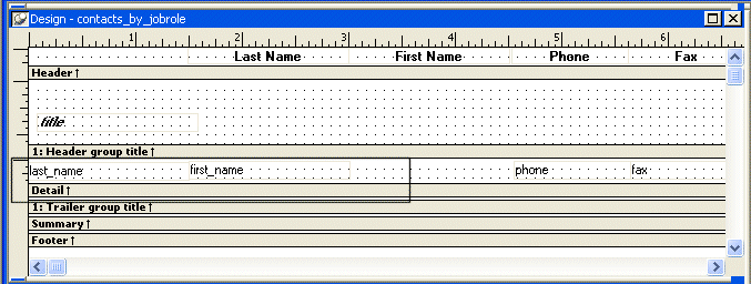 Shown is the  Design view for contacts _ by _ job role.  The text for the column headers is displayed across the top in the Header band. Below them are the columns in the detail band. The last _ name and first _ name columns are circled. Next to them is a blank area, then phone and fax.