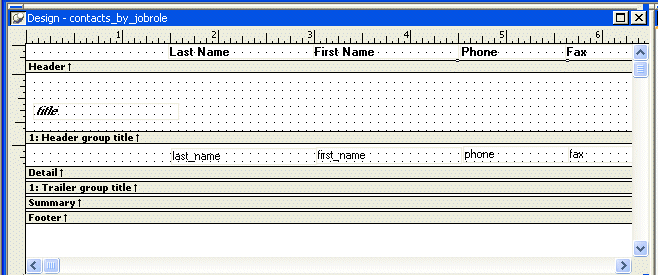 Shown is the  Design view for contacts _ by _ job role.  The text for the column headers is displayed across the top in the Header band. It is now left justified and bold.