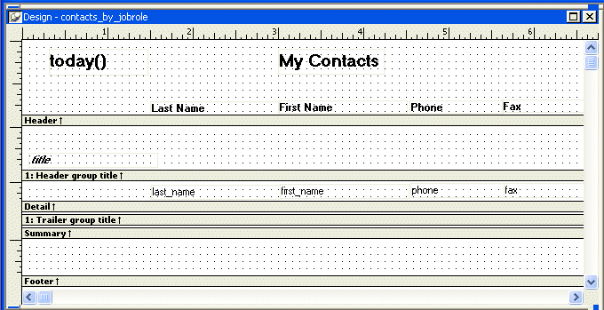 Shown is the  Design view for contacts _ by _ job role.  The date, title, and text for the column headers is displayed in the Header band. Next is a Header group title band, then the Detail band, where the names of the columns appear in the positions where the data values will be displayed. Below this are a Trailer group title band and Summary and Footer bands. The Footer band has been expanded to show a grid of four rows of dots.