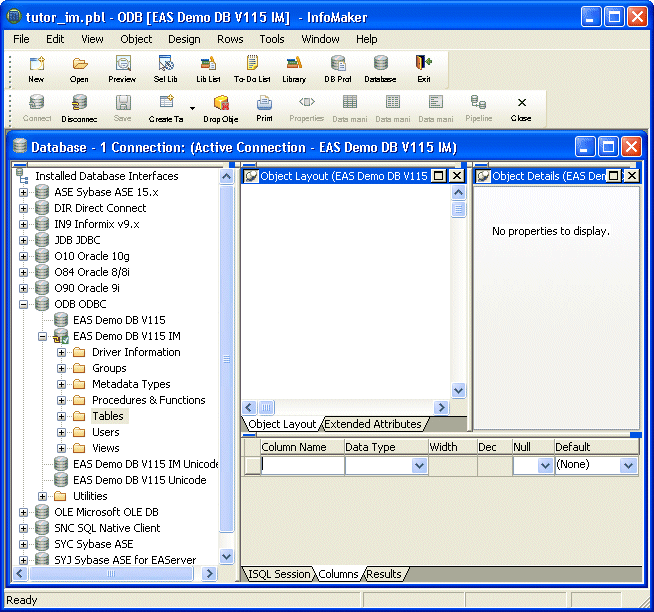 Shown at bottom right is the columns tab in which you define the columns in the table. It has a column for Column Name, a drop down for Data Type, then columns for Width and Dess, and drop downs for Null and Default.