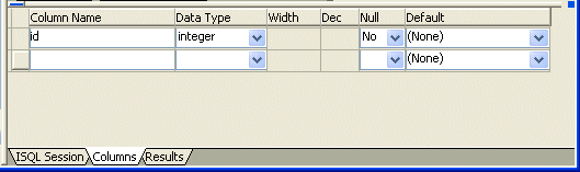 Shown is the columns tab in which you define the columns in the table. It displays the entries ID in Column Name, integer for Data Type, no for Null, and ( none ) for Default.