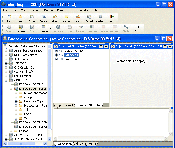 Shown is the Extended Attributes tab in the center of the Database painter work space. Of the extended attributes displayed, Edit Styles is selected, and a pop up menu displays the options New, Refresh, and Properties.