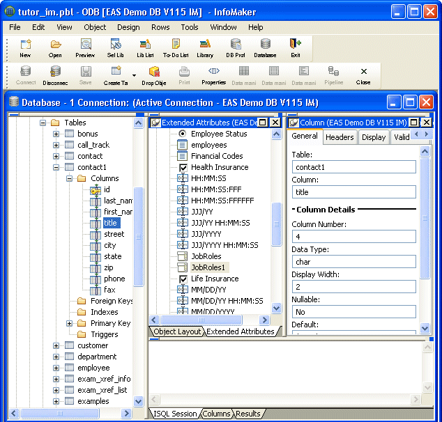 Shown at left is the expanded Objects view for contact 1. Under its columns folder is an entry for title and a pop up menu with a Properties option.