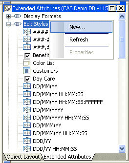 Shown is an expanded tree view in the Extended  Attributes. The Edit Style entry is highllighted and its pop up menu has the New option selected.