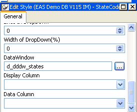 Shown is the Edit Style dialog box. It has the entries State Code 1 for Name and Drop Down D W for Style. The Data Window drop down at the top of the Options group box displays a list of choices, and highlighted is the entry d _ d d d w _ states.