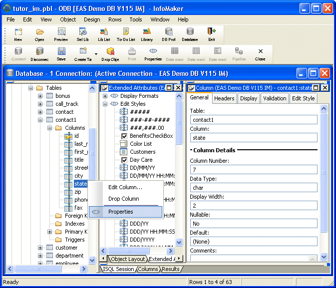 Shown is the database painter with the tree view at left expanded under contact 1 and the columns folder to show the highlighted state column. A pop up menu offers the options Edit Column, Drop Column, and Properties.