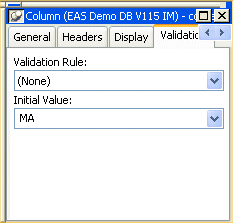 Shown is the Validation tab of the Column Properties view. It shows a drop down list for Validation Rules with the entry ( None ) and a drop down for Initial Value with the entry M A.