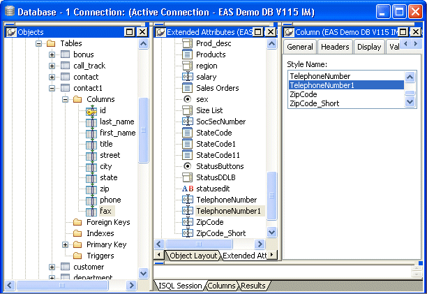 Shown is the Database Painter with the fax column selected in the tree view at left, Edit Styles selected in the Extended Attributes view in the center, and the Edit Style tab displayed in the Object Details view at the left, with the Telephone Number 1 Style Name highlighted. 