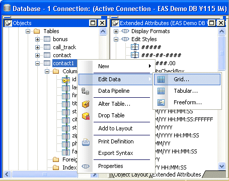 Shown is the Database Painter with the contact 1  selected in the tree view at left and a pop up menu with Edit Data > Grid selected