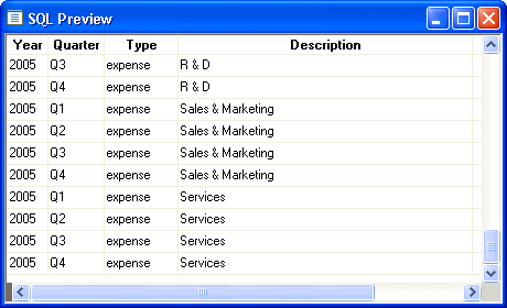 Shown is a Sequel Preview view of a query that returns data for the columns Year, Quarter, Type, and Description.